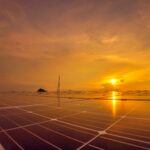 Solar cell with sunlight background, Green energy or safe energy, Solar power station - photovoltaics.